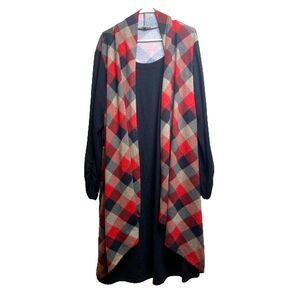 Haani Dress Womens 3X Plus Black Red Gray Plaid Lagenlook Cardigan Rayon Spandex